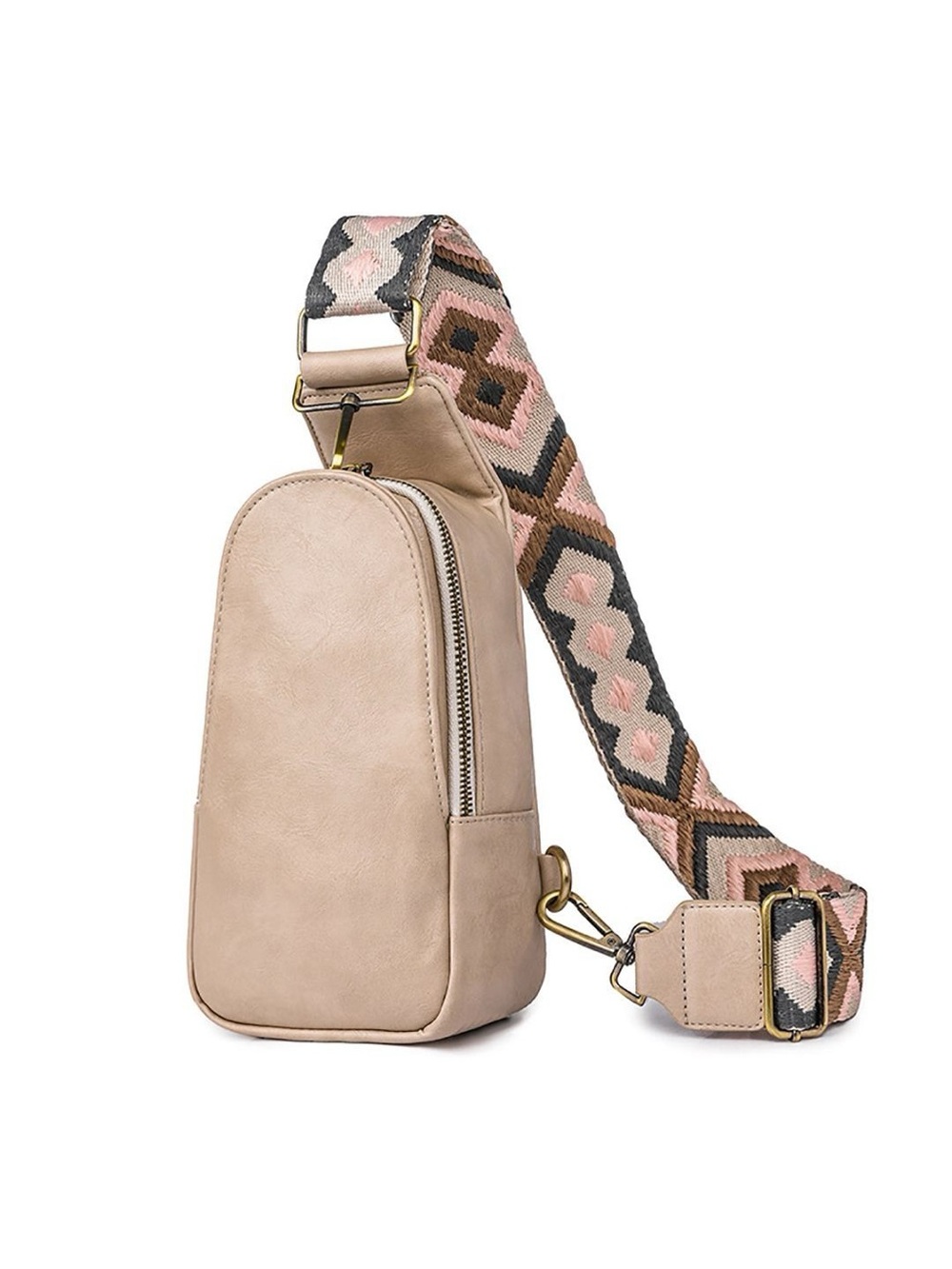 Neutral Faux Leather Sling Bag with Aztec Geometric Patterned Strap